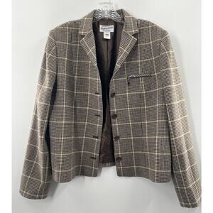 Pendleton Women's 100% Wool Cropped Blazer Herringbone Check Brown Size 14 EUC